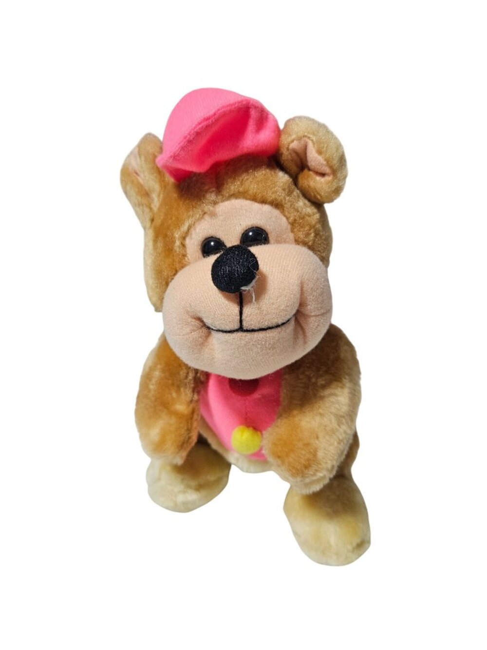 Vintage Teddy Bear 9 inch Plush Pink Hat Shirt Yellow Pom Pom Stuffed Animal Toy